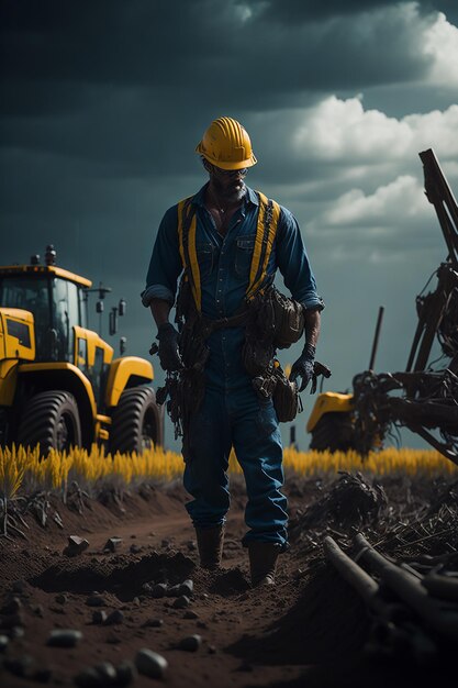 Builder in Helmet and Vest at Construction Site