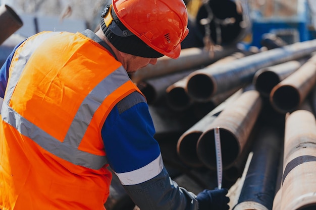 Builder in helmet and vest measures diameter of pipe Workflow