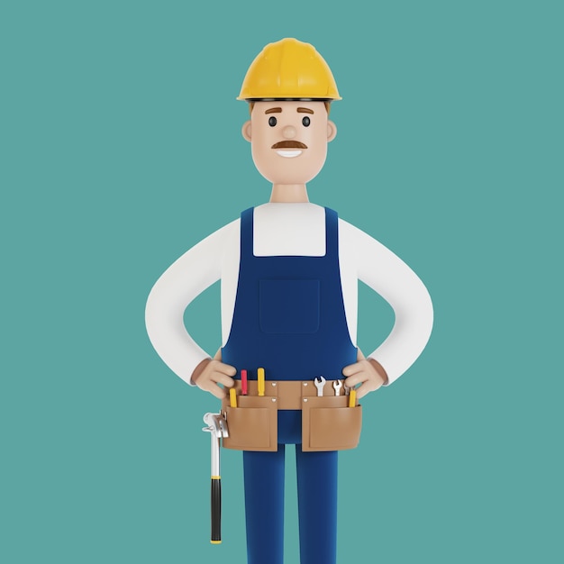 The builder in a helmet and with tools Construction worker 3D illustration in cartoon style