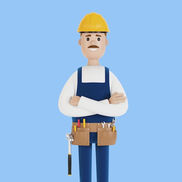 The builder in a helmet and with tools Construction worker 3D illustration in cartoon style