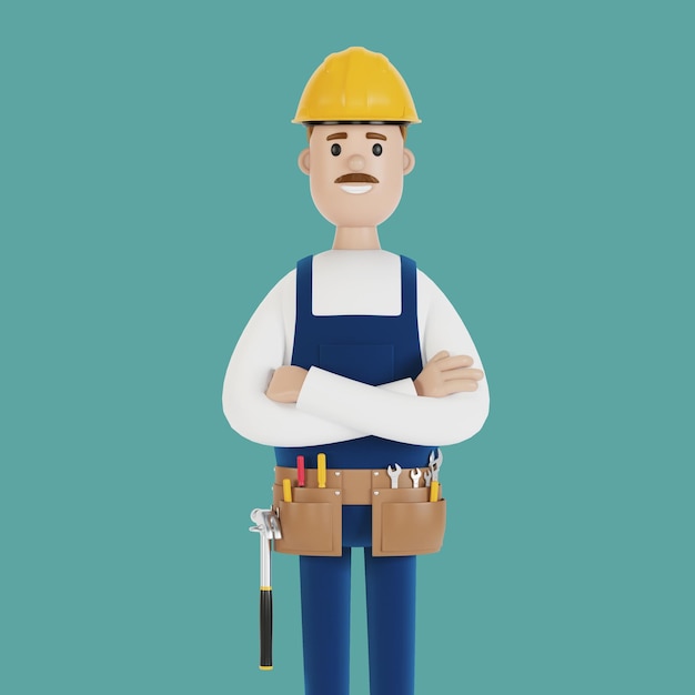 the builder in a helmet and with tools construction worker 3d illustration in cartoon style