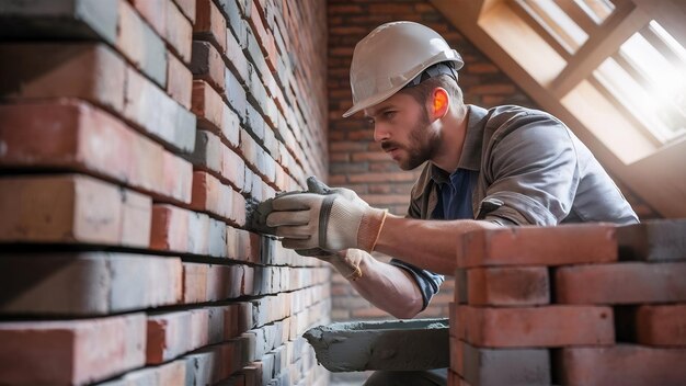 Builder makes a brick wall in a house close up