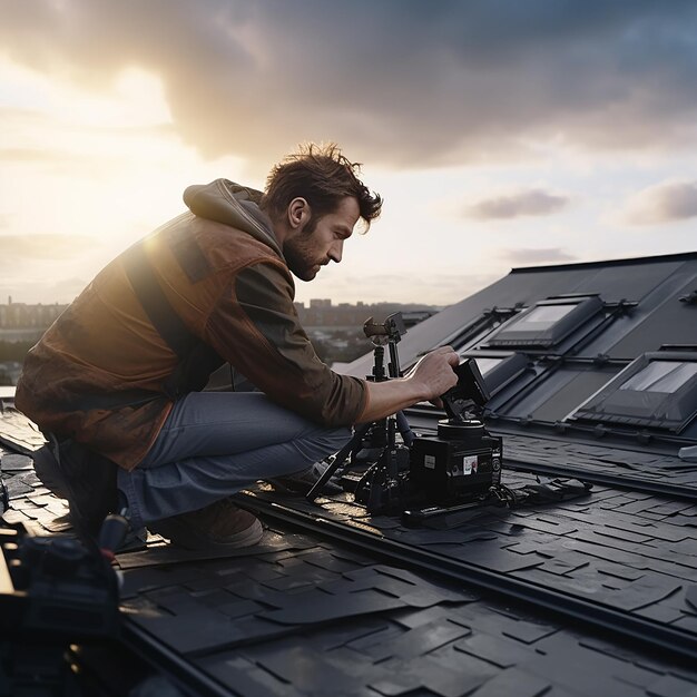 Photo builder on new building roof real human presence