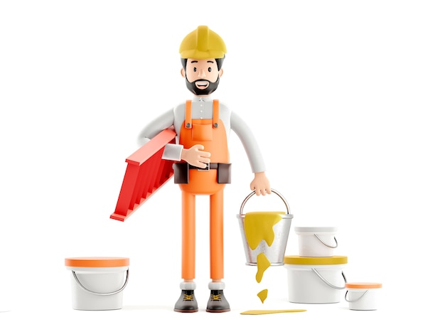 Photo builder painter plasterer cartoon character, funny worker or engineer with buckets of paint