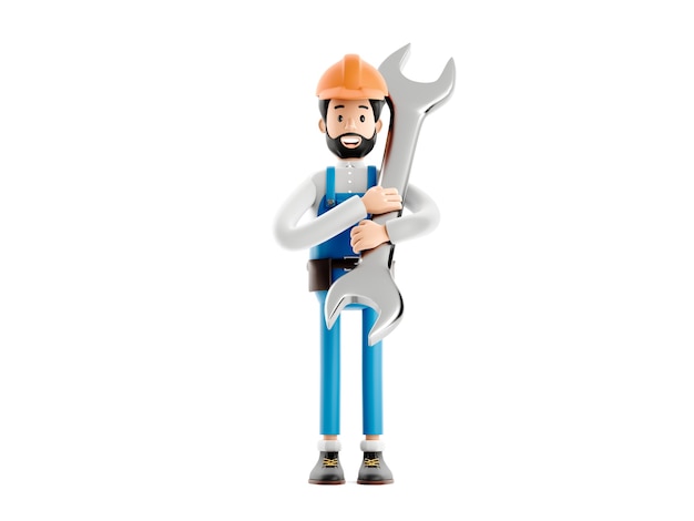 Builder plumber cartoon character, funny worker or engineer with wrench