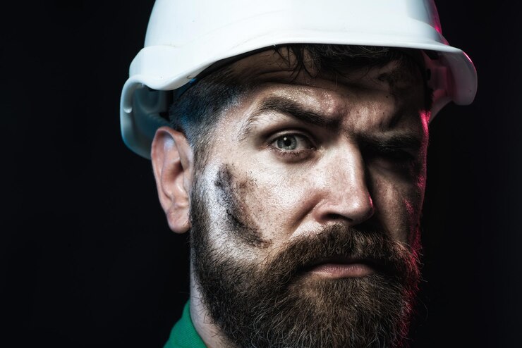  Builder in protective clothing and helmet male builder portrait of handsome engineer closeup bearde
