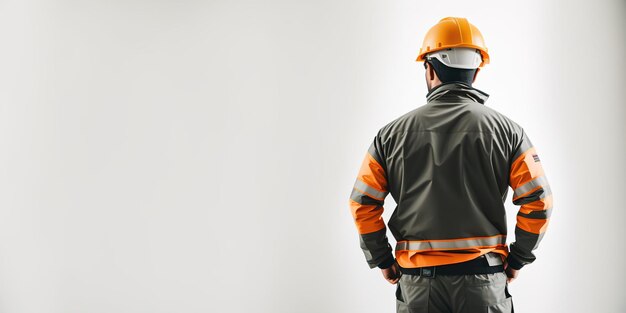 Builder in protective clothing and helmet rear view on a white background banner Generative AI