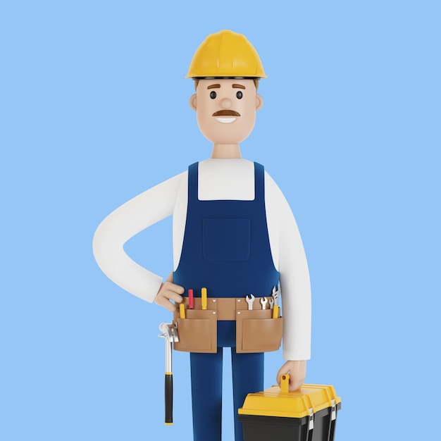 A builder with a hard hat and a toolbox Construction worker 3D illustration in cartoon style