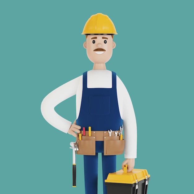 A builder with a hard hat and a toolbox Construction worker 3D illustration in cartoon style