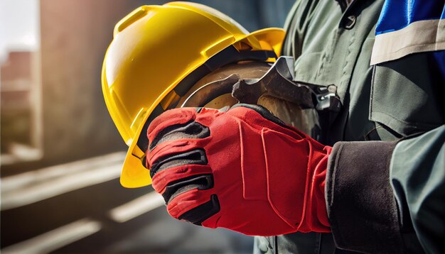 Builder with yellow helmet and working gloves on build