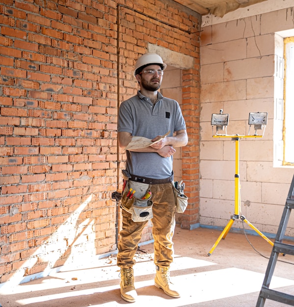 A builder in work clothes examines a construction drawing at a construction site