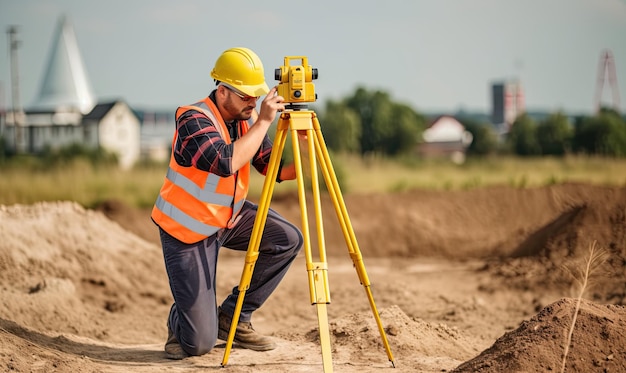 Foto costruttore in uniforme da lavoro con un teodolite per il rilevamento del suolo creazione utilizzando strumenti generativi di ia