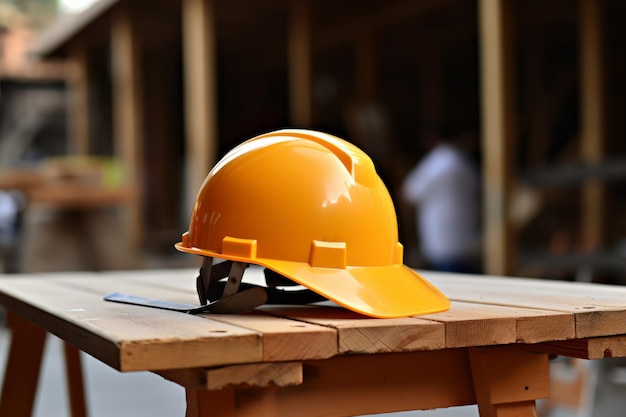 Builders hard hat on a workbench construction site safety