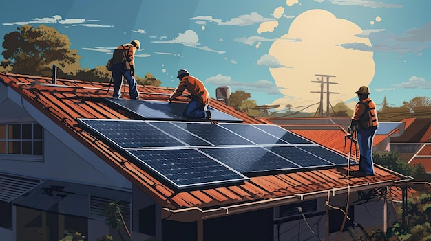 建設業者は、クリーン エネルギーを生成し、住宅の効率を高める環境に優しい技術を採用した住宅地の屋根にソーラー パネルを巧みに設置しています AI によって生成