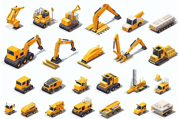 Builders and surveyors with machinery and warning signs during road construction isometric