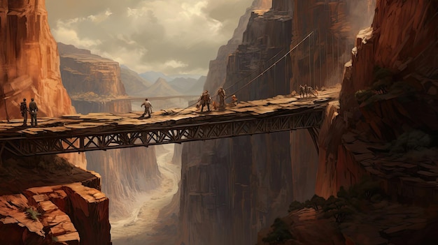 Builders working tirelessly to construct a sturdy bridge over a challenging canyon a collaborative effort that exemplifies their dedication Generated by AI