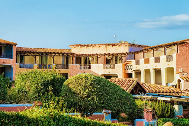 Building architecture in Porto Cervo resort, Costa Smeralda, Sardinia, in Italy.