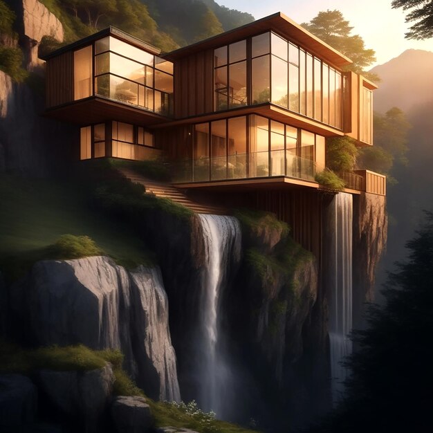 building beside waterfall