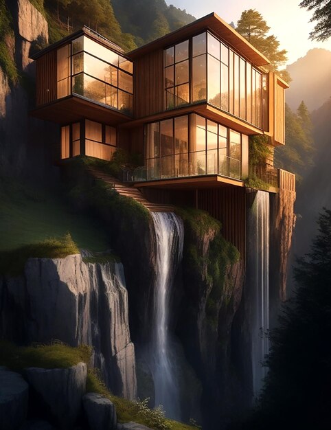 building beside waterfall