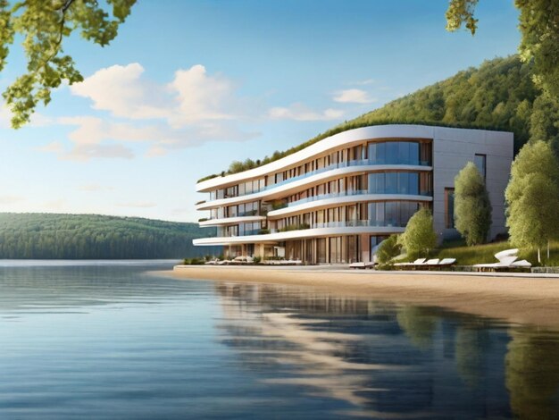 a building by the water has a design that says  modern