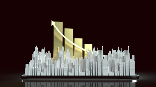 Photo building city and chart arrow up on tablet