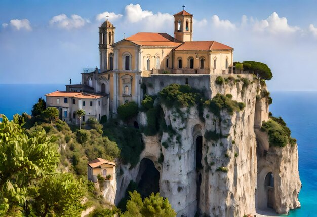 a building on a cliff has a bell tower on the top