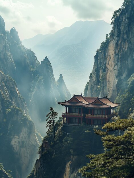 Photo a building on a cliff with a mountain in the background