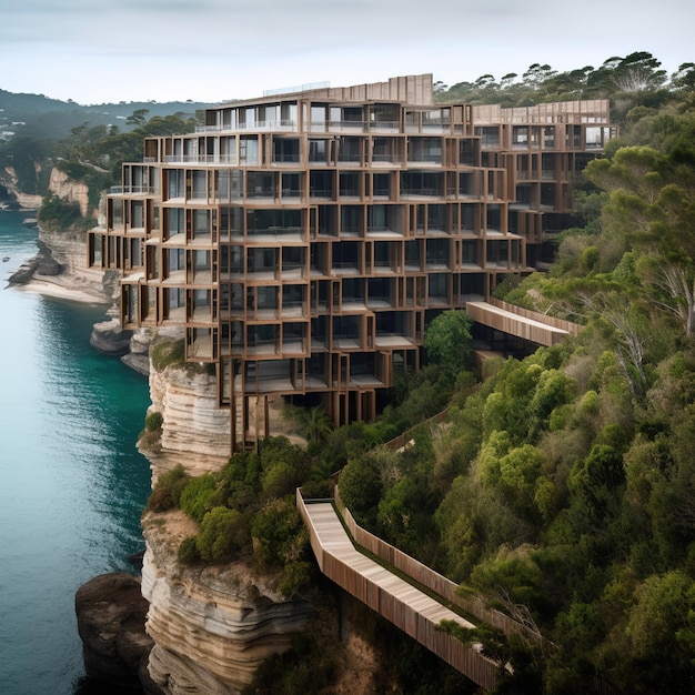 A building on a cliff with a view of the ocean and trees.