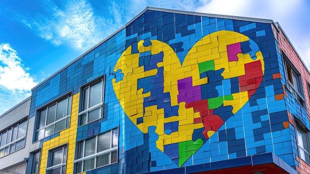 Building of clinic with hearts made of puzzles on wall for children with down syndrome and autism