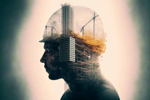 Building construction engineering project devotion with double exposure design Generative AI