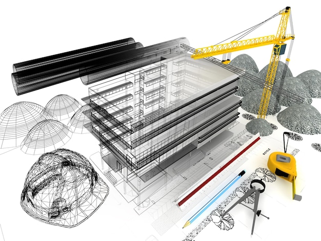 設計図の上にクレーンやその他の建物の備品を載せた建設中の建物