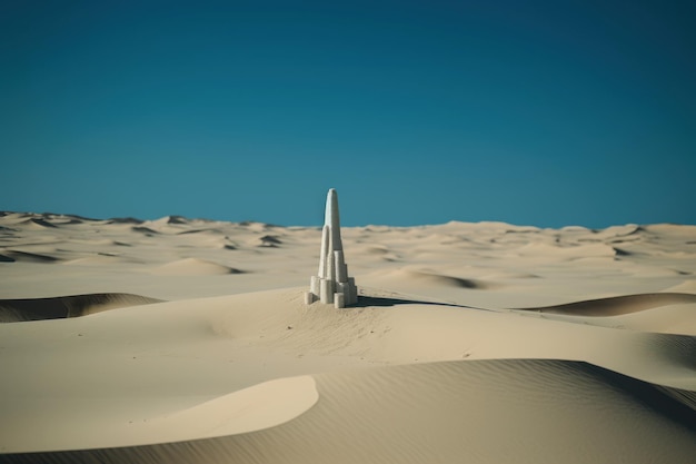 A building in the desert is seen from the ground.