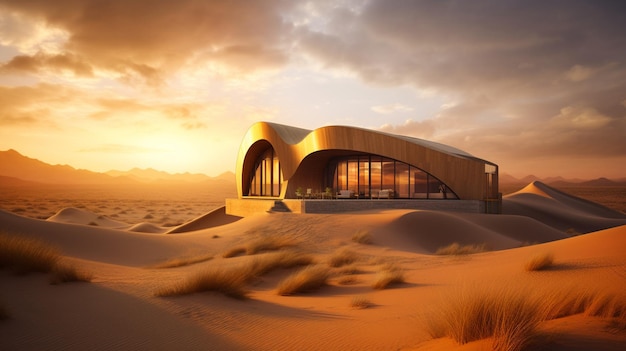 A building in the desert with the sunset in the background