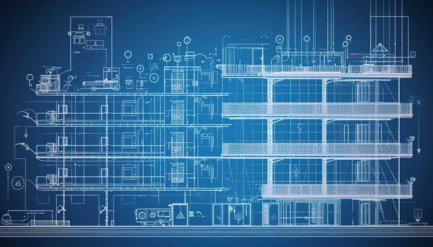 건물 설계 개념: 스마트 빌딩의 자율 시스템 엔지니어링, 집 통신의 초안, 아파트 건물의 개발 프로젝트, 건축 도면, AI 생성.