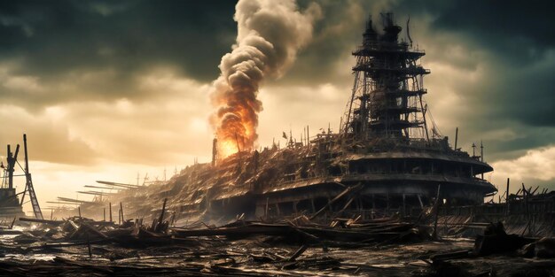 Building destroyer with flames of steam in the destruction of a city