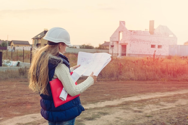 Building developing construction and architecture concept woman in white helmet with blueprint