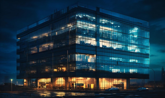 A building in the early evening with a lot of glass windows