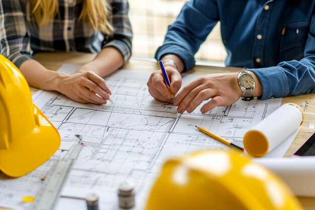 Building engineers in action architect and business woman at desk with blueprints