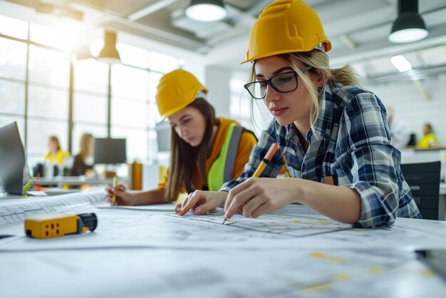 Foto ingegneri edilizi in azione architetto e donna d'affari alla scrivania con i progetti