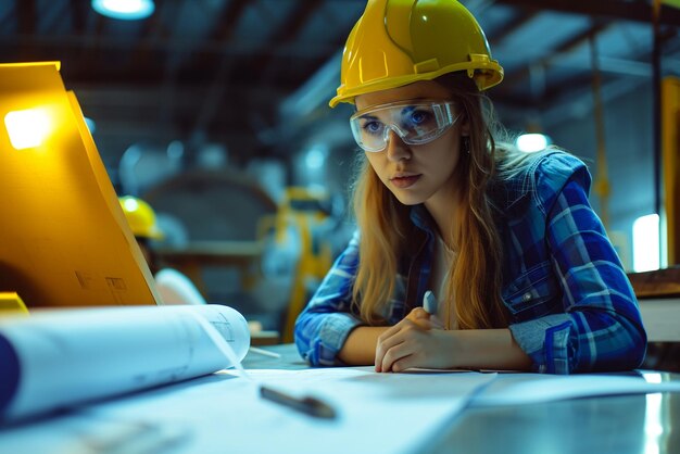 Building engineers in action architect and business woman at desk with blueprints