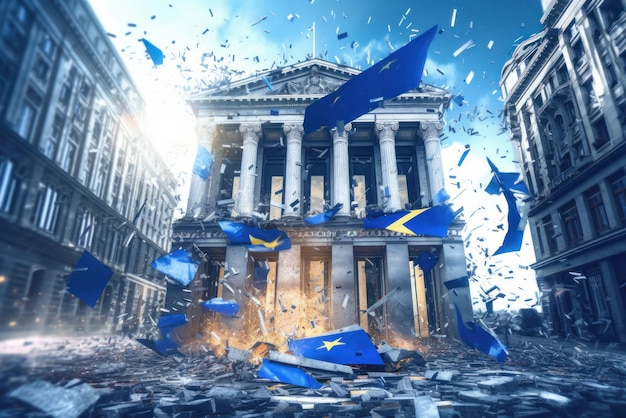 L'edificio della banca europea sta crollando la bandiera dell'unione europea si sta disintegrando fallimento della banca crisi bancaria in calo delle scorte il crollo del sistema finanziario rendering 3d