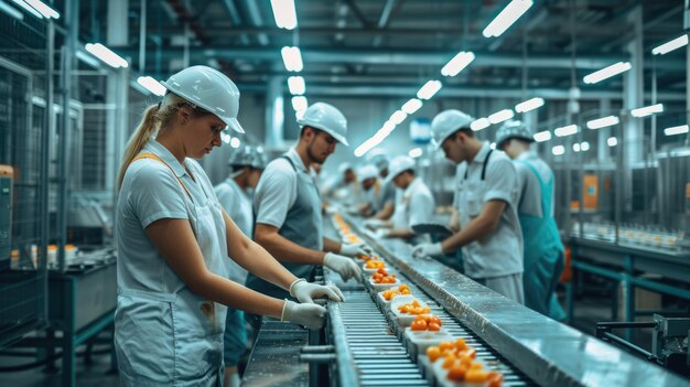 Building factory workers assemble machinery on conveyor belt aig