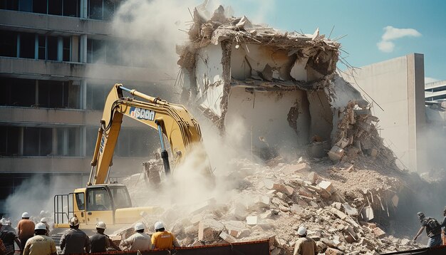 Foto la facciata dell'edificio in fase di demolizione da parte di operai di demolizione di macchinari