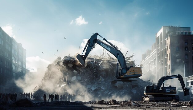 Building fasade being demolished by machinery demolition workers