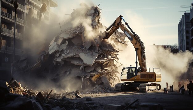 写真 機械の解体作業員によって破壊されている建物の正面