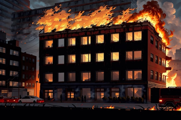 a building on fire with a lot of flames coming out of it's side