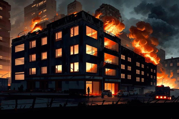 a building on fire with a lot of flames coming out of it's sides