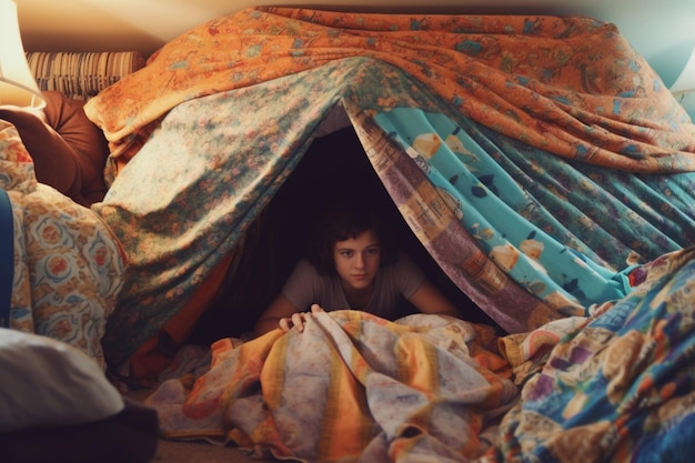 Photo building a fort with blankets and pillows