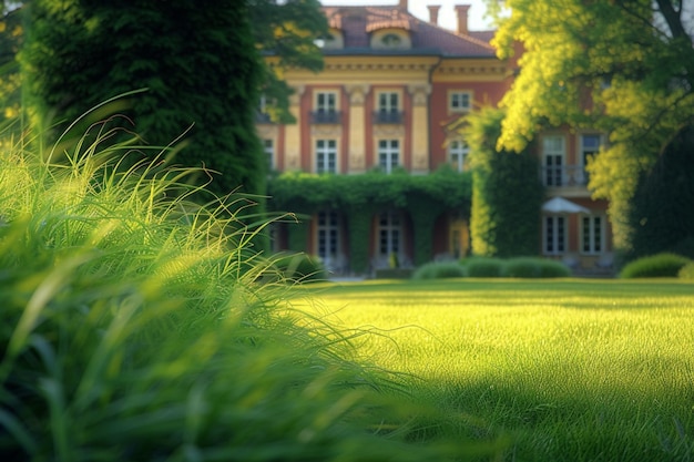 A building framed by lush green grass in a peaceful setting