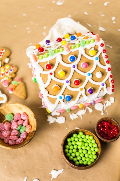 Building gingerbread house for Christmas.